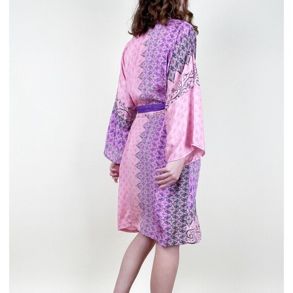100% Silk Robe Kimono Duster Jacket Coat Cardigan Boho Hippie Bohemian Lounge - Picture 2 of 5